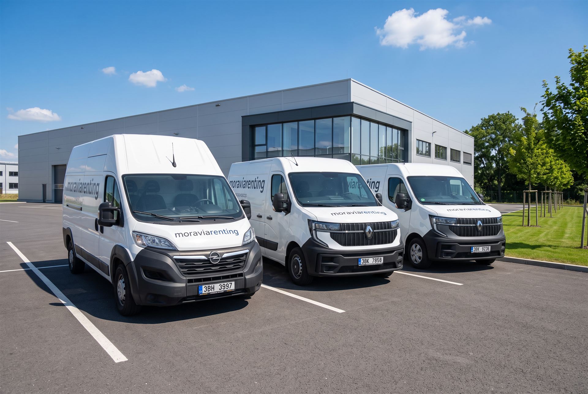 Opel Movano a dodávky Renault Master před areálem půjčovny